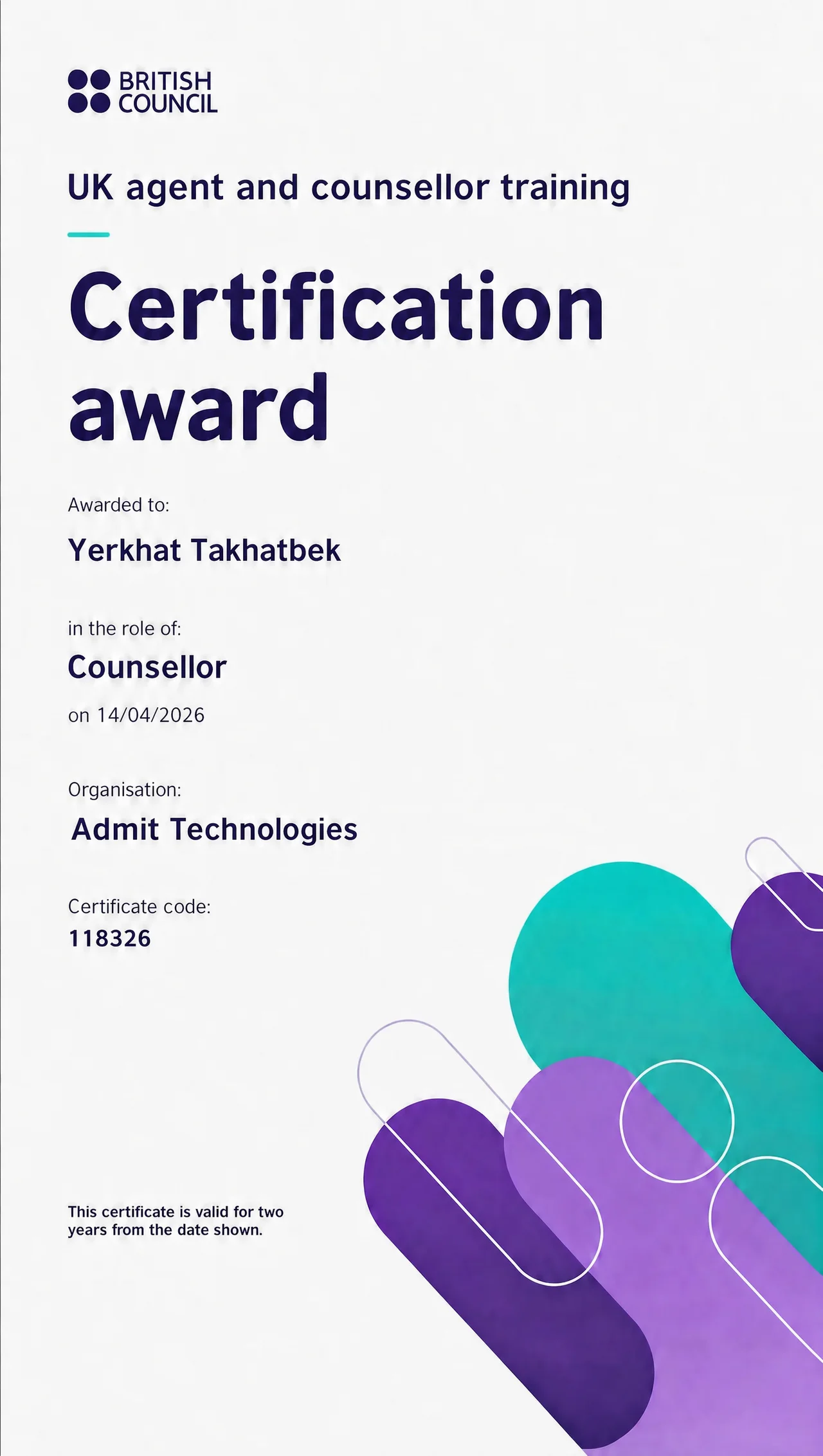 British Council: UK agent and counsellor training, Yerkhat Takhatbek